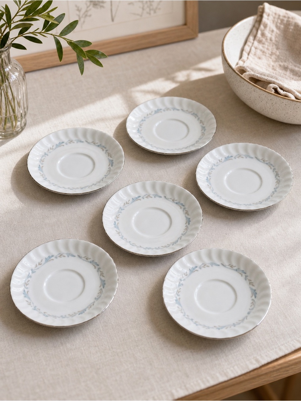 Style House Fine China Carillon Set of 6 Saucers Blue Scroll Silver Trim